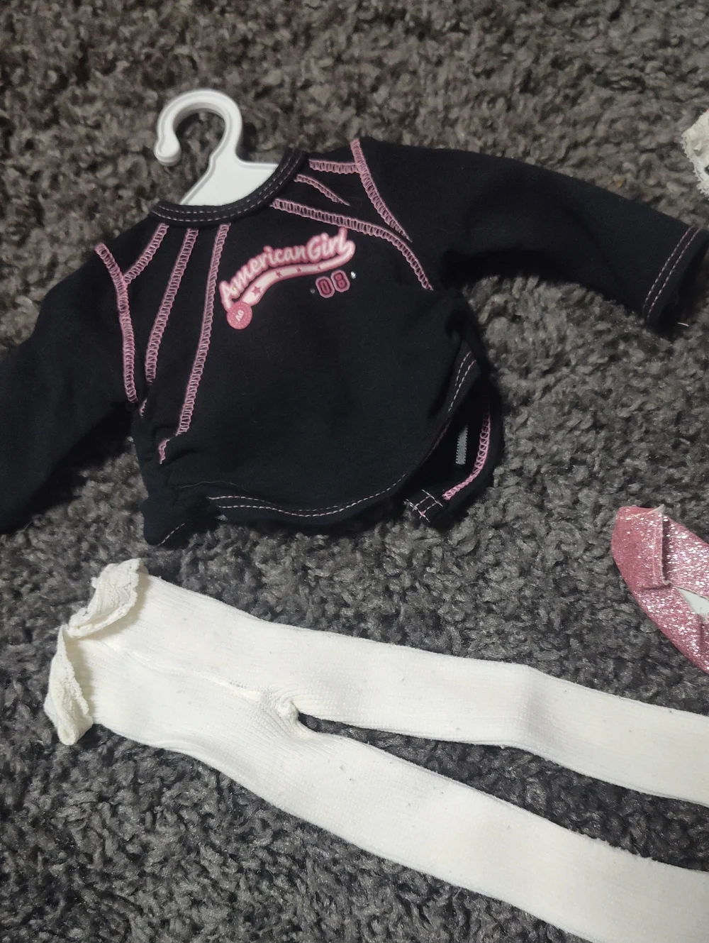 American Girl Black Top with Pink Logo and White Tights And Shoes And A Skirt